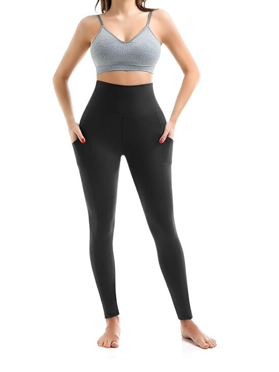 Womens High Waisted Leggings with Pockets, Full Length, BLACK, Size SMALL-MEDIUM - Picture 3 of 4